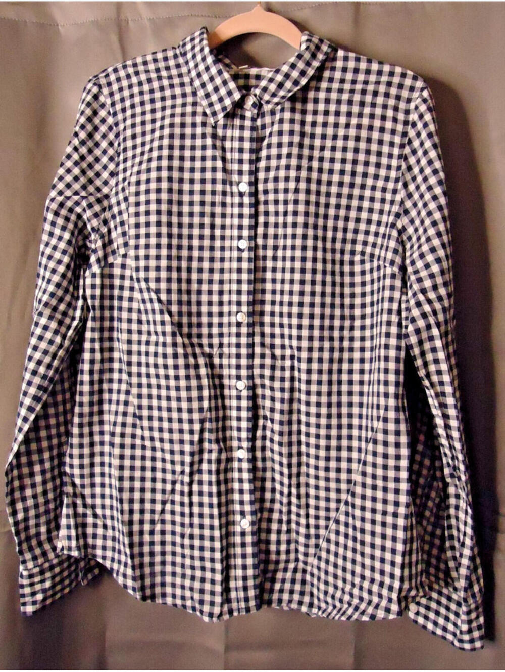 Crown & Ivy Long Sleeve Button Front Blouse Navy White Checkered Size Medium